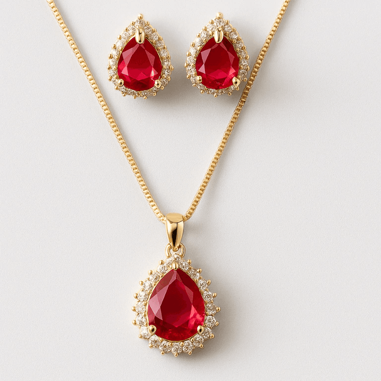 Conjuntos — CONJUNTO GOTA COM PEDRA VERMELHA - BANHO OURO 18K