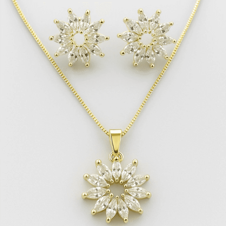 Conjuntos — CONJUNTO FLOR COM PEDRAS BRANCAS - BANHO OURO 18K