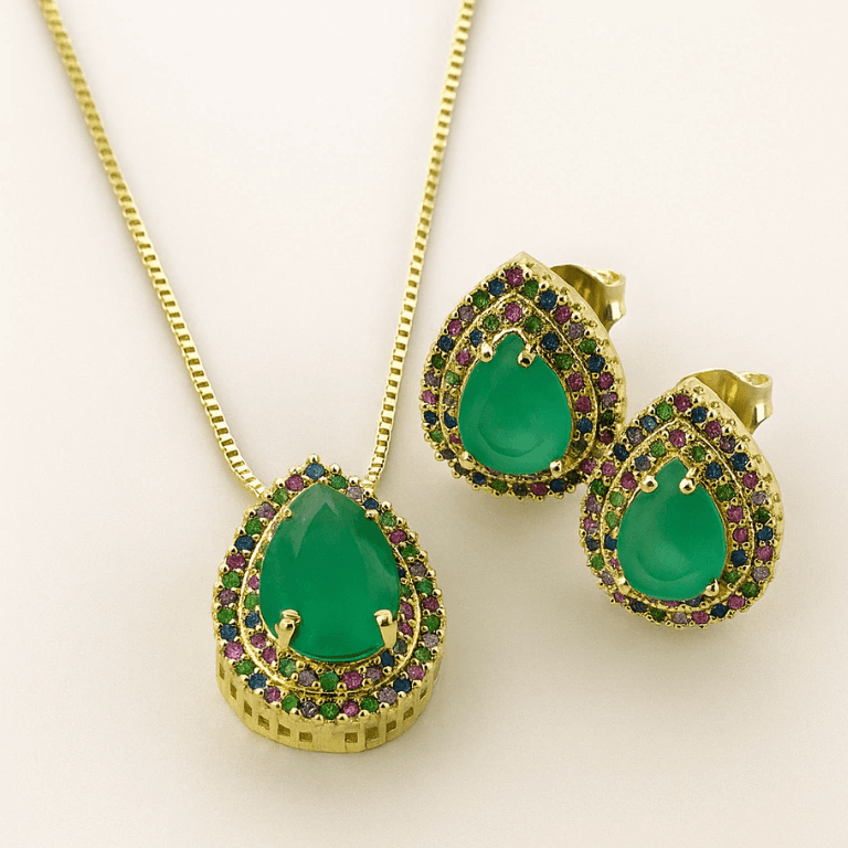 Conjuntos — CONJUNTO GOTA COM PEDRAS COLORIDAS - BANHO OURO 18K
