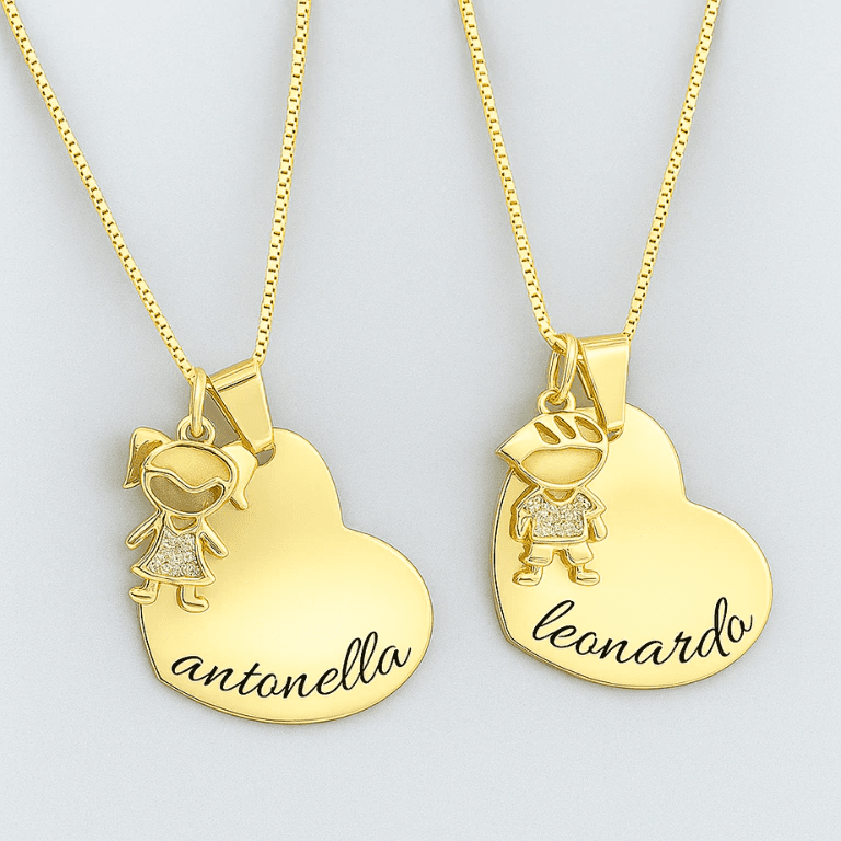 Personalizados — COLAR PERSONALIZÁVEL CORAÇÃO COM FILHO - BANHO OURO 18K