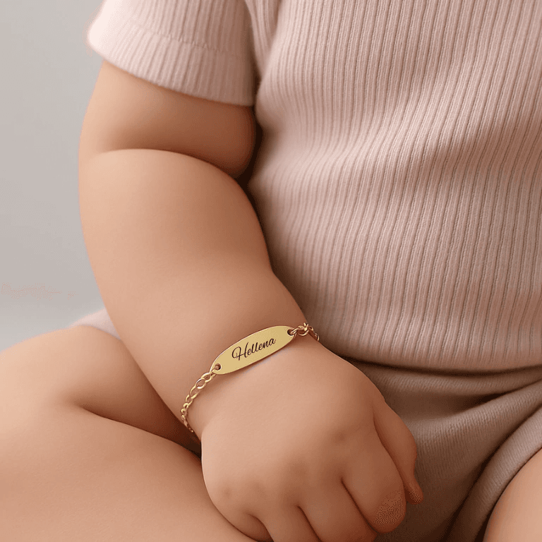 Personalizados — PULSEIRA INFANTIL COM PLAQUINHA REDONDA - BANHO OURO 18K