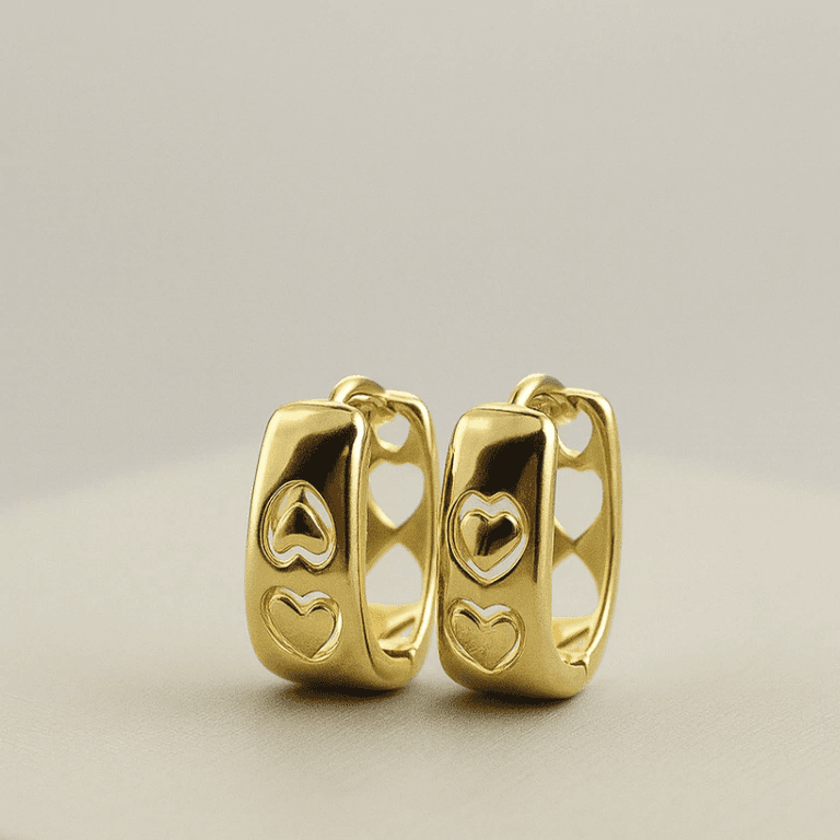 Brincos de Argola — BANHO OURO 18K - BRINCO ARGOLA LISA COM CORAÇÕES VAZADOS - PEQUENO