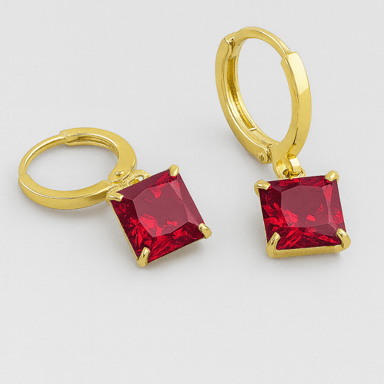 Brincos de Argola — BANHO OURO 18K - BRINCO ARGOLA COM PINGENTE DE PEDRA VERMELHA QUADRADA - PEQUENO