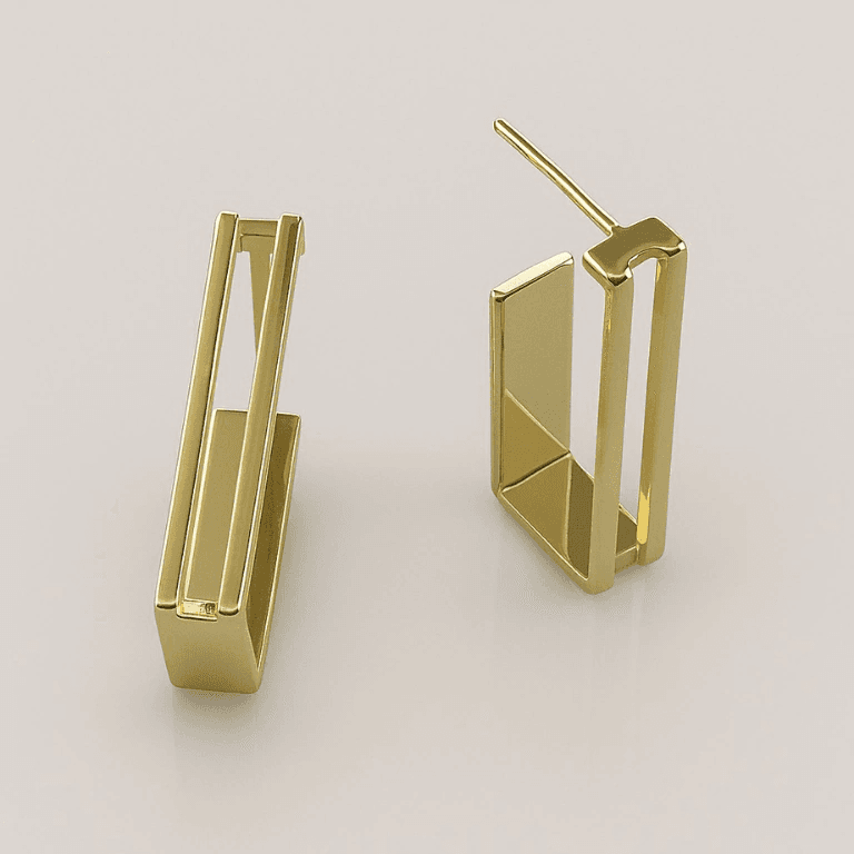 Brincos de Argola — BANHO OURO 18K - BRINCO MEIA ARGOLA RETANGULAR VAZADA - PEQUENO