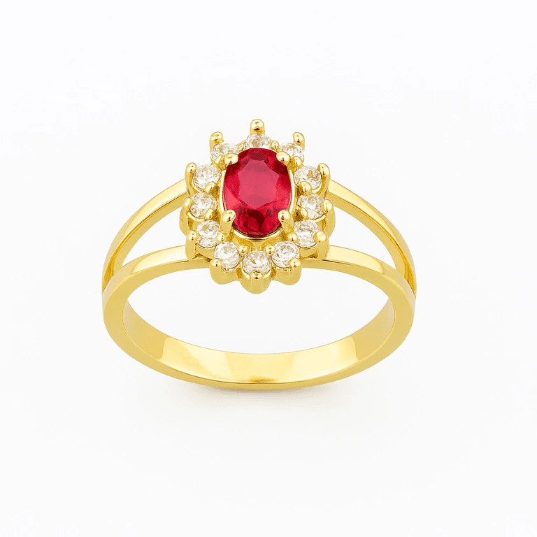Formatura — ANEL REDONDO COM PEDRA VERMELHA - BANHO OURO 18K - 14