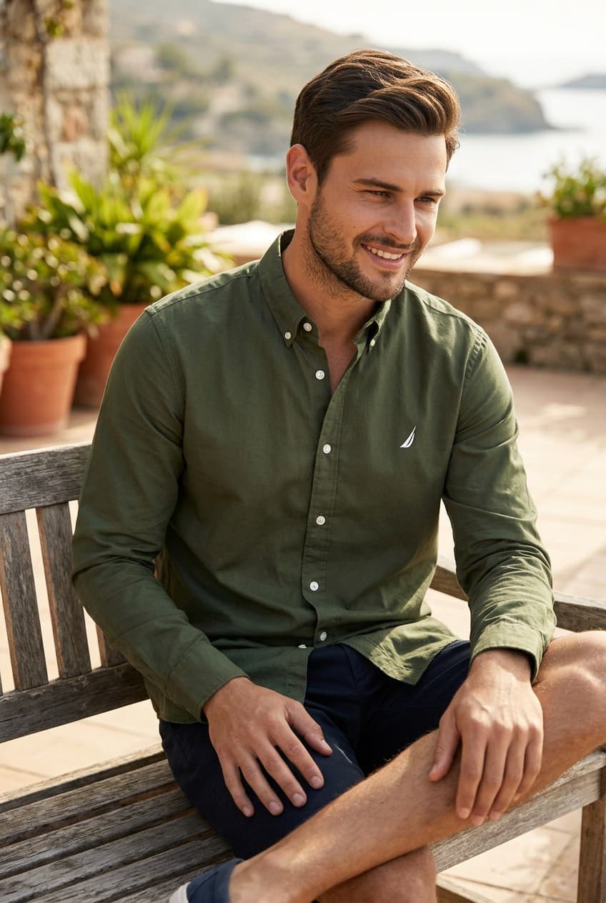 Camisa Manga Larga Nautica clasica para caballero — VERDE HOJA - XL