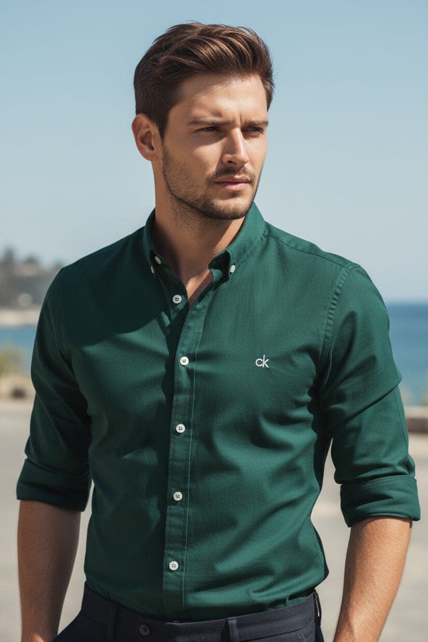 Camisa Manga Larga Calvin Klein clasica para caballero — VERDE BOTELLA - S