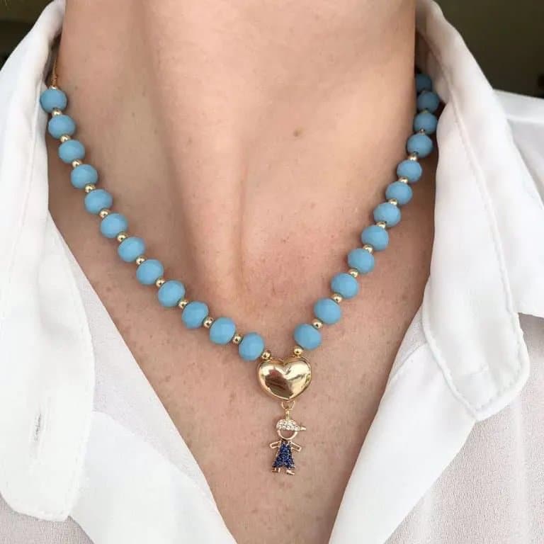 Gargantilha com Pedras com Pingente Filho(a) Banho Ouro 18K — MENINO / Azul