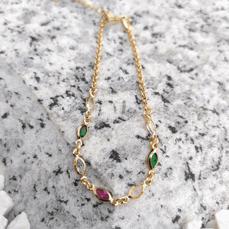 Pulseira Colorida Pedras Navete Banho de Ouro 18k