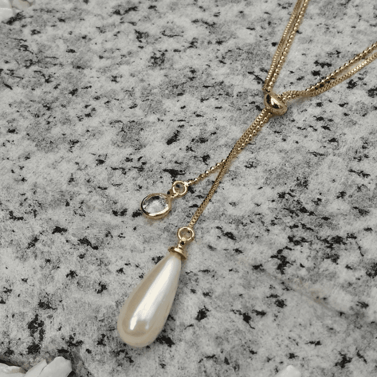 Colar Gravata Gota Pérola Banho de Ouro 18k