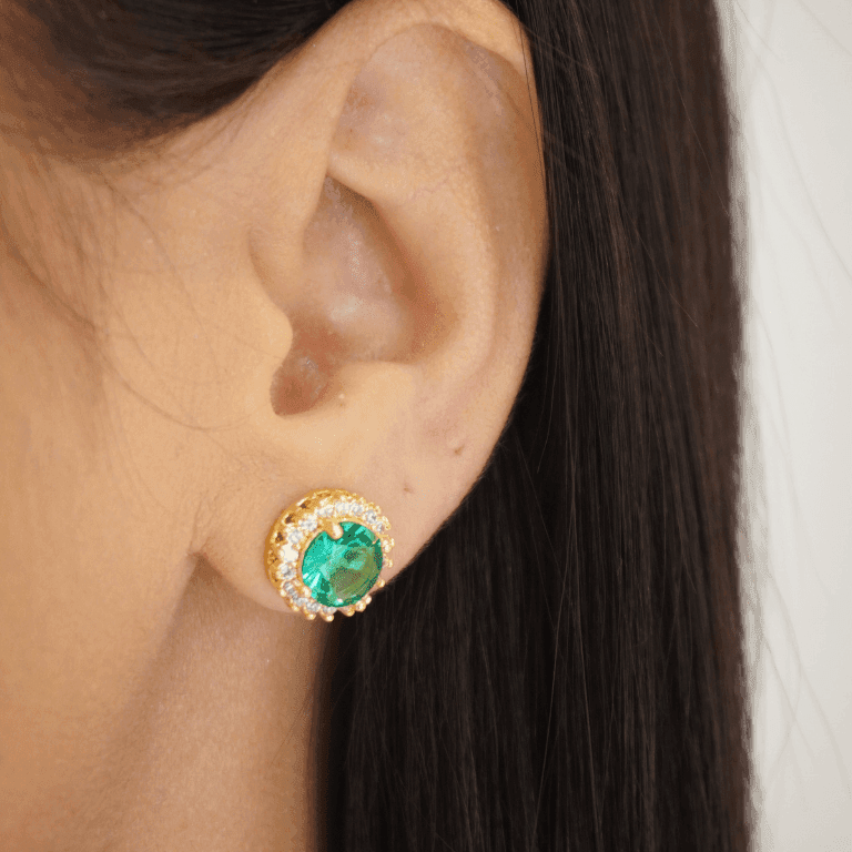 Conjunto Corrente com Pingente e Brinco Pedra Verde Banho Ouro 18k