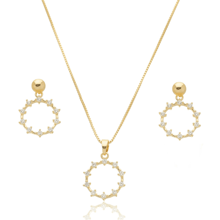 Conjunto Corrente Pingente e Brinco com Pedras Banho Ouro 18k — default