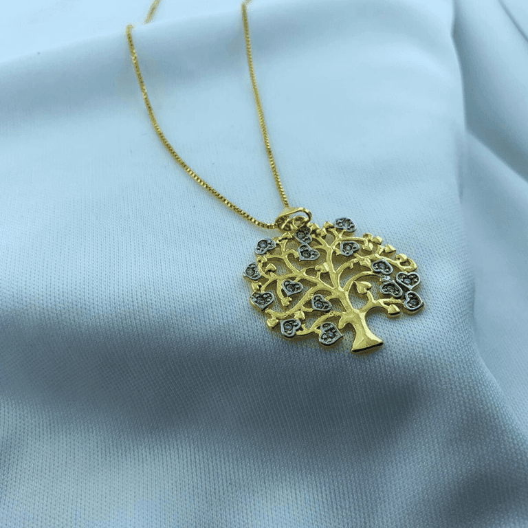 Corrente com Pingente Árvore da Vida Cravejado com Zircônias Banho Ouro 18k