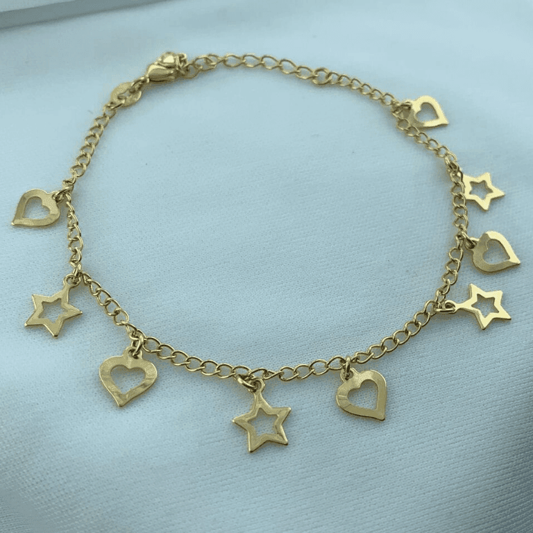 Pulseira com Estrelas e Corações Vazados Banho Ouro 18k