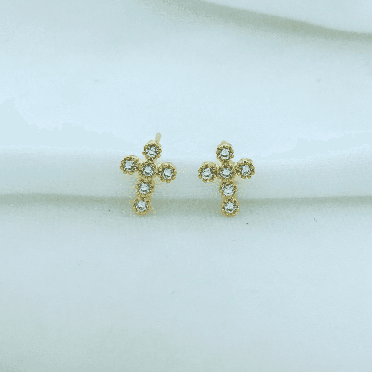 Brinco Cruz com Pedras Banho Ouro 18k