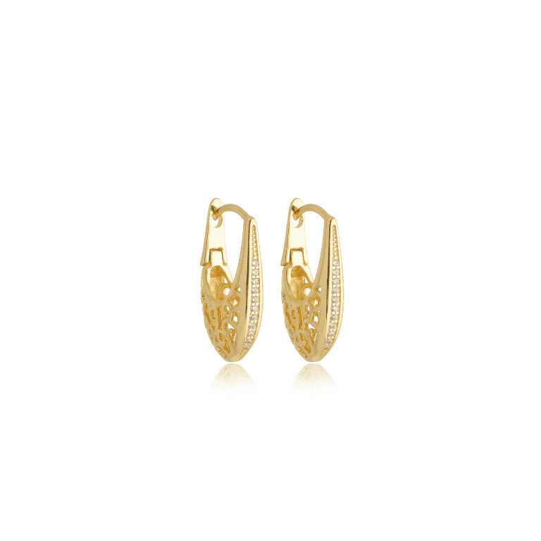 Brinco Argola Moderno com Detalhes Vazados e Cravejado Banho de Ouro 18k