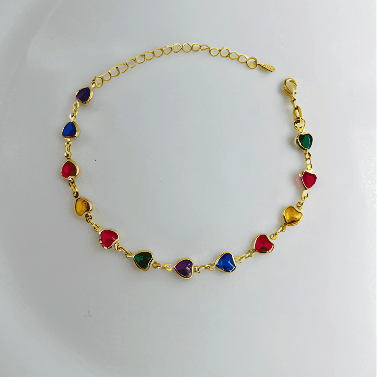 Pulseira Romântica com Corações Coloridos em Zircônia Banho de Ouro 18k