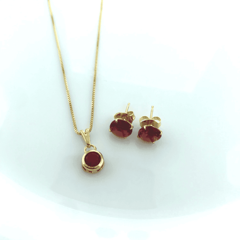 Conjunto de Corrente com Pingente e Brincos Zircônia Vermelha Banho de Ouro 18k