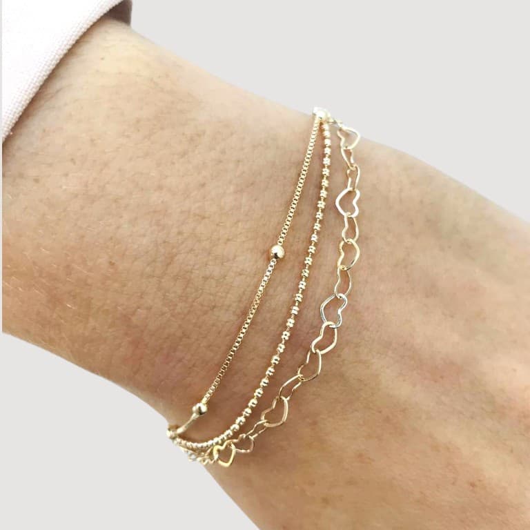 Pulseira Tripla Coração e Bolinhas Banho de Ouro 18k