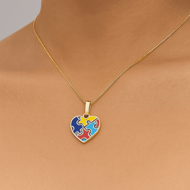 Corrente com Pingente Coração Autista Banhada a Ouro 18k