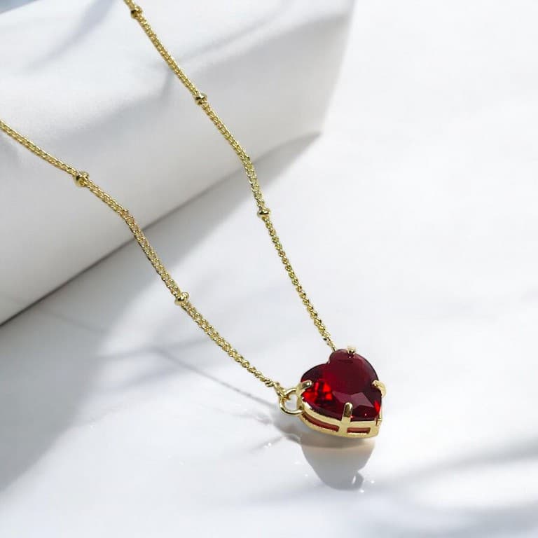Corrente Bolinhas com Pingente Coração Vermelho Banhada a Ouro 18k — default