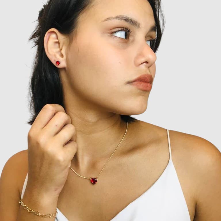 Corrente Bolinhas com Pingente Coração Vermelho Banhada a Ouro 18k