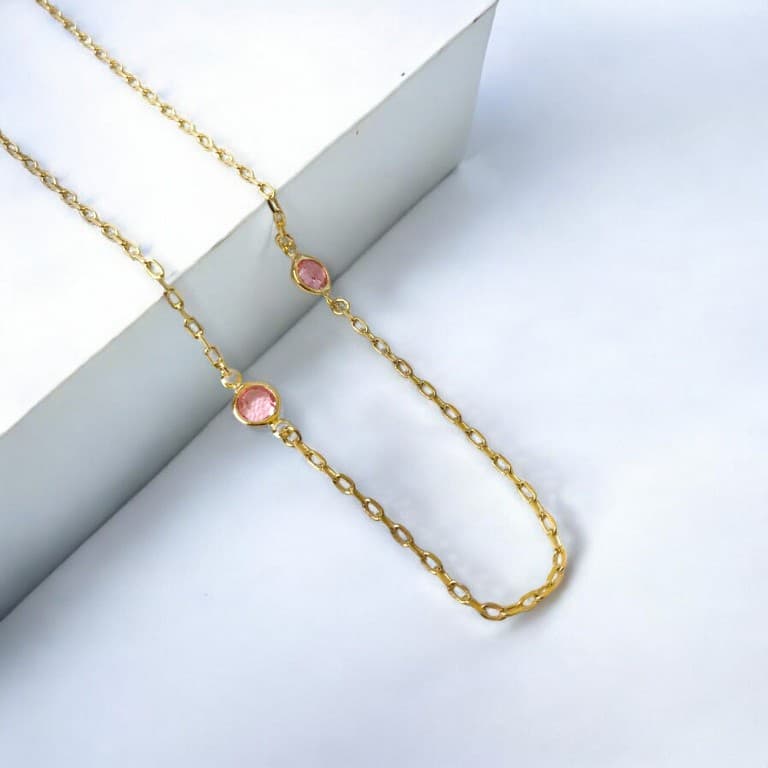 Colar Pedras Rosas Banhado a Ouro 18k