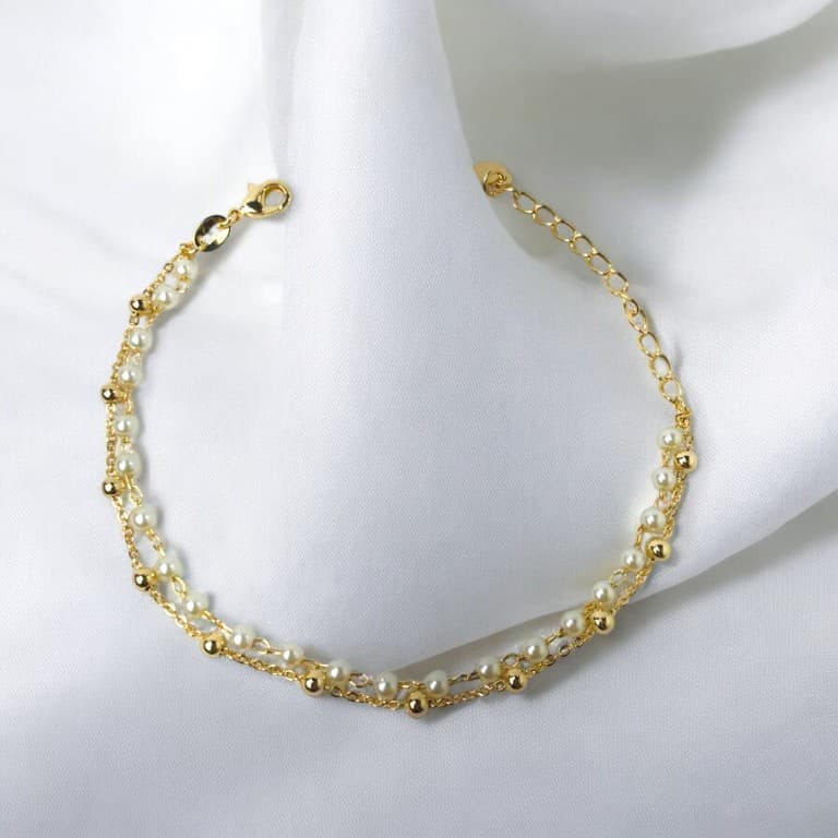 Pulseira Dupla Pérolas Banhada a Ouro 18k