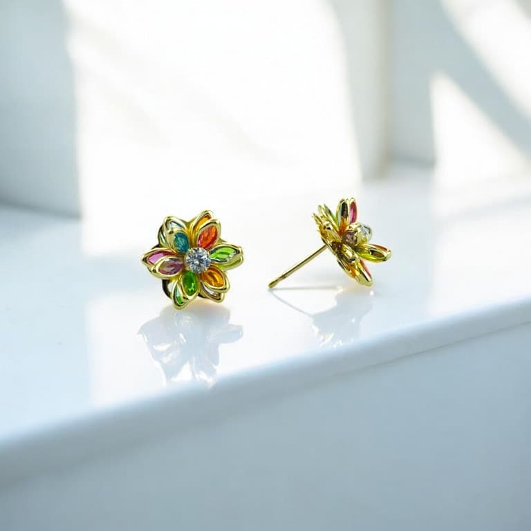 Brinco Flor Colorido Banhado a Ouro 18K — default
