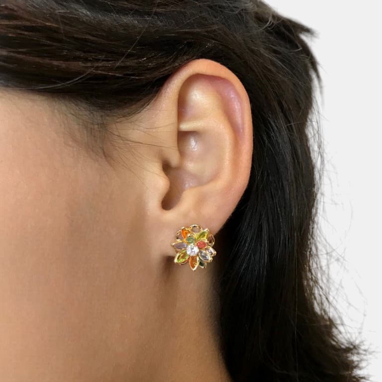 Brinco Flor Colorido Banhado a Ouro 18K