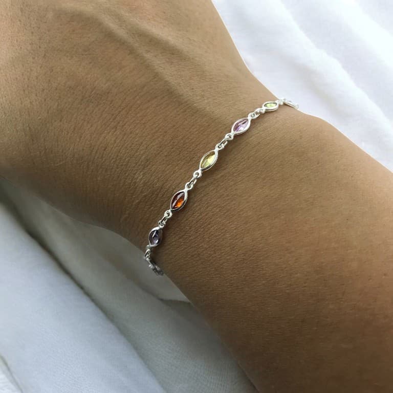 Pulseira Prata 925 com Pedras Coloridas Ovais