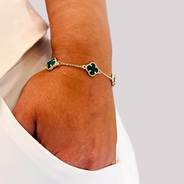 Pulseira Elos Portugueses com Três Trevos Verdes Banhada a Ouro 18K — default
