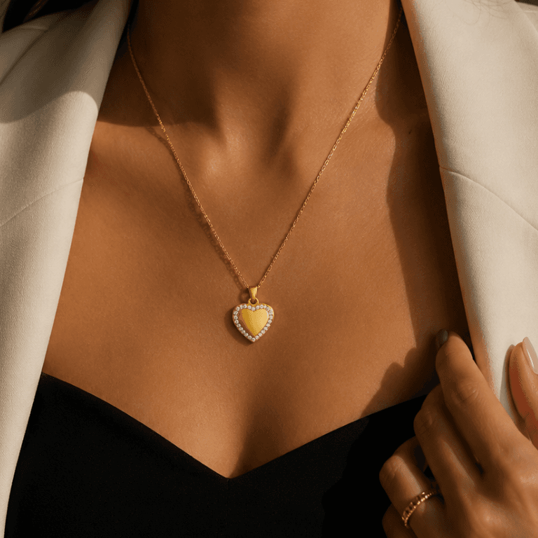 Corrente com Pingente Relicário Coração Cravejado Banhado a Ouro 18K