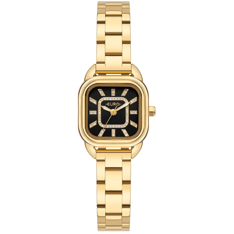 Relógio Euro Feminino Mini Dourado Fundo Preto