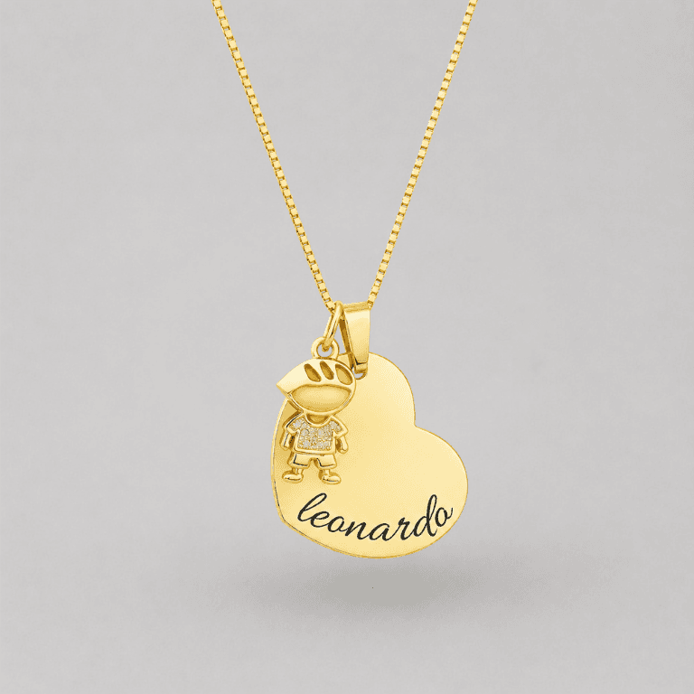 Colar Personalizável Coração Com Filho Banhado a Ouro 18k — Menino