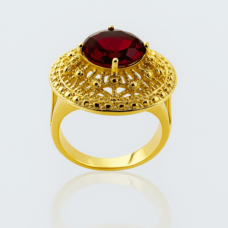 Anel Redondo com Pedra Vermelha Banhado a Ouro 18K — 22
