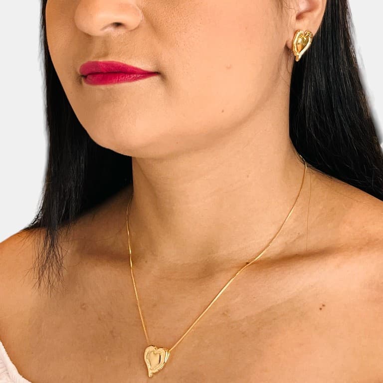 Conjunto Coração Orgânico Banhado a Ouro 18K