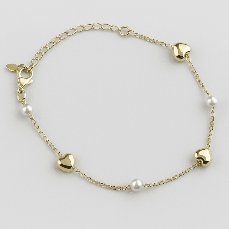 Pulseira Corações com Pérolas Banhada a Ouro 18K