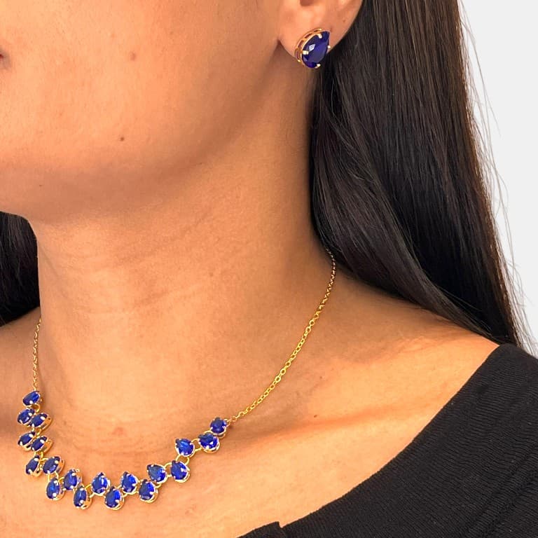 Conjunto Gotas Azuis Banhado a Ouro 18K