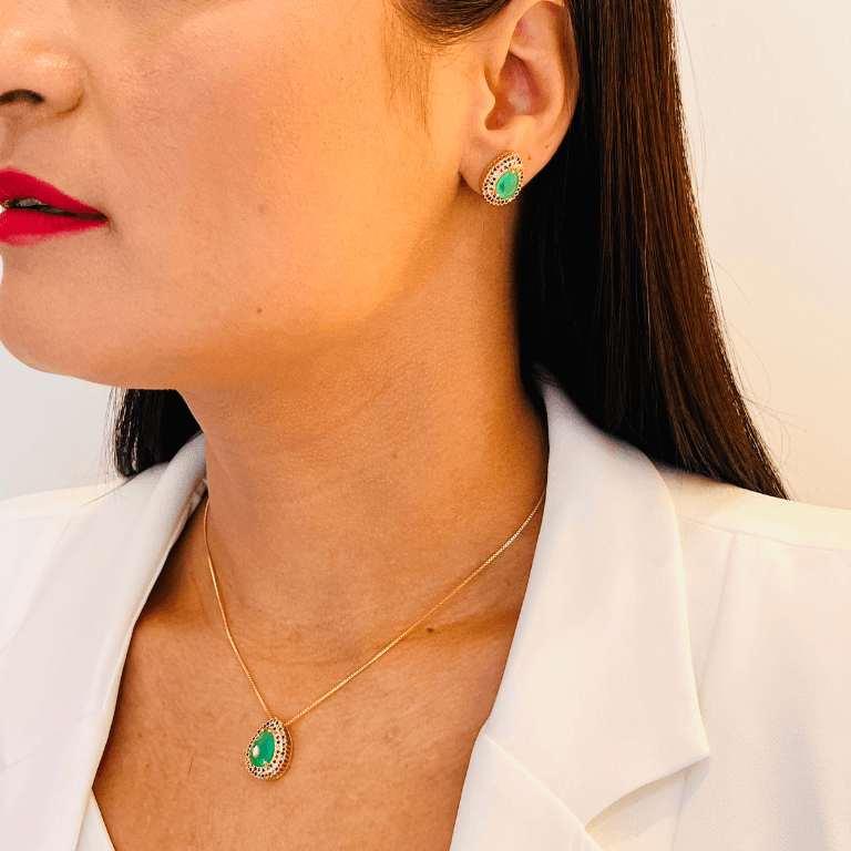 Conjunto Gota com Pedras Coloridas Banhado a Ouro 18K