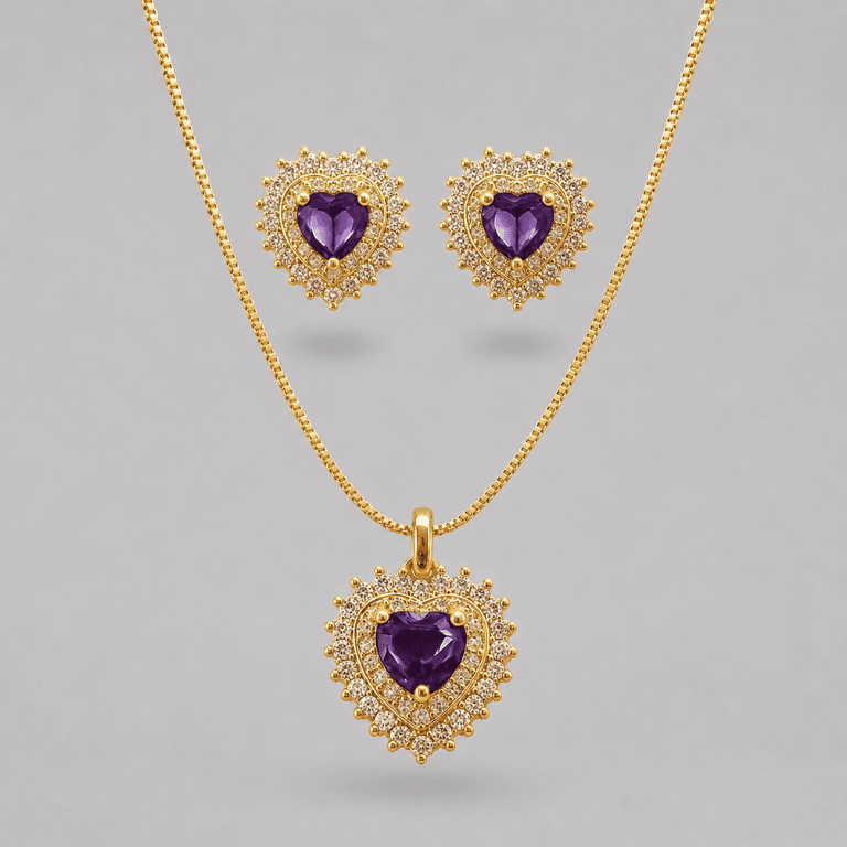 Conjunto Coração com Pedra Lilás Banhado a Ouro 18K — default