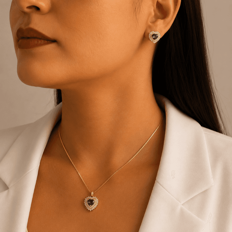 Conjunto Coração com Pedra Lilás Banhado a Ouro 18K
