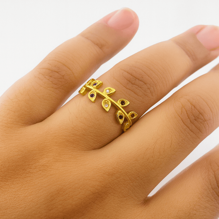 Anel Folhinhas com Zircônias Coloridas Banhado a Ouro 18K