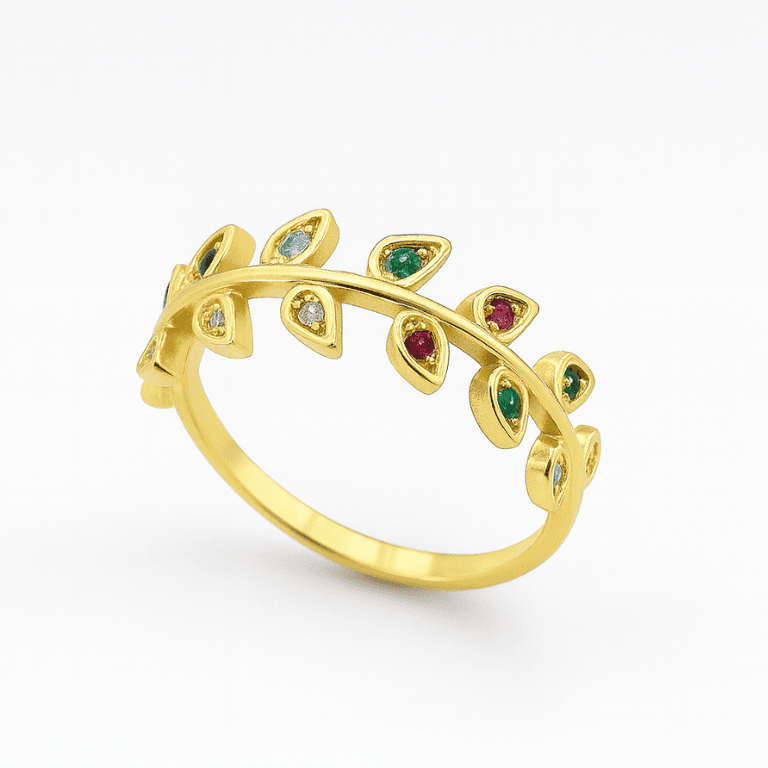 Anel Folhinhas com Zircônias Coloridas Banhado a Ouro 18K — 22