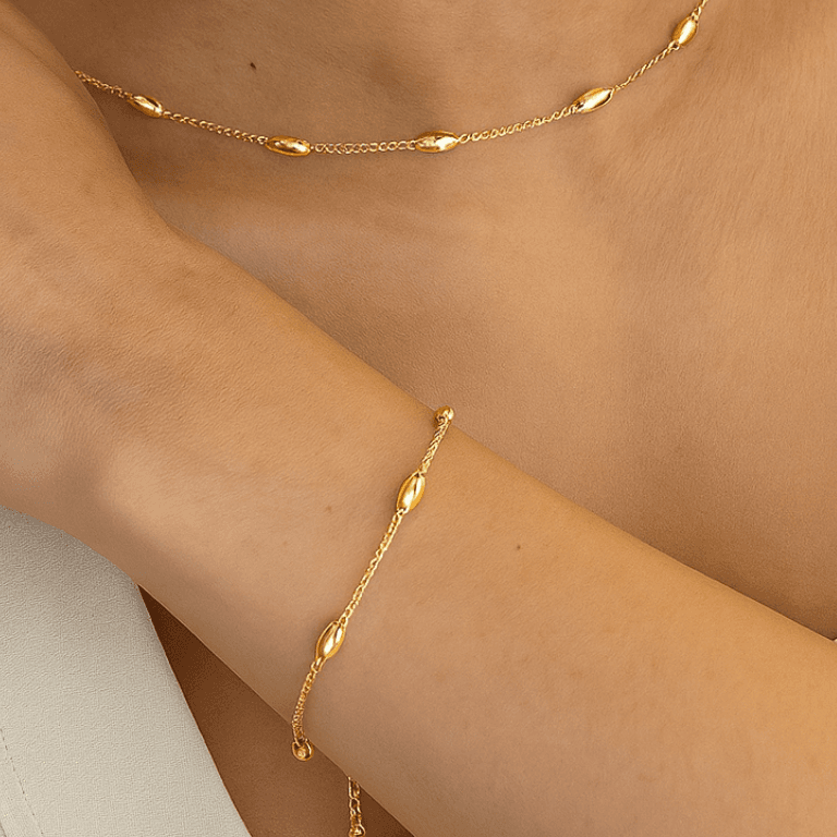 Pulseira Estilo Grão de Arroz Banhada a Ouro 18K