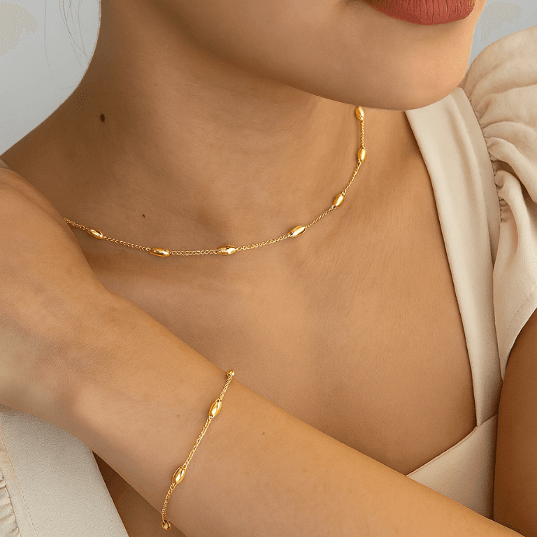 Pulseira Estilo Grão de Arroz Banhada a Ouro 18K