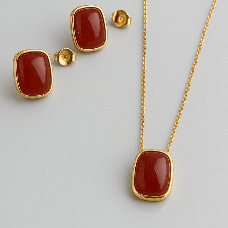 Conjunto com Pedra Jade Banhado a Ouro 18K — Vermelho