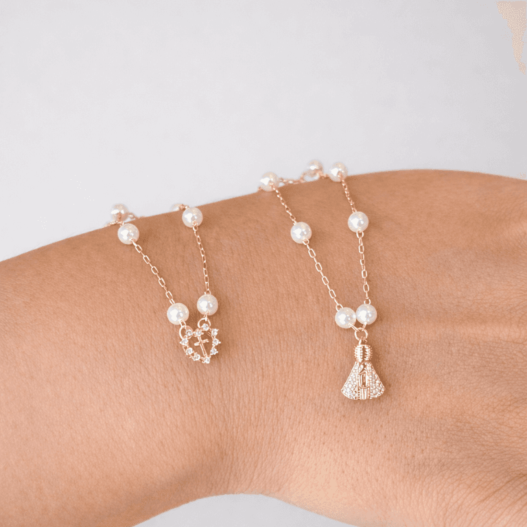 Corrente Escapulário com Pérolas Nossa Senhora e Coração com Cruz Banhado a Ouro 18K
