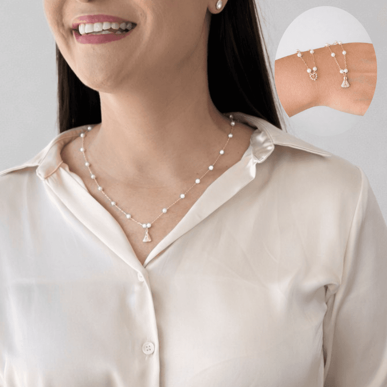 Corrente Escapulário com Pérolas Nossa Senhora e Coração com Cruz Banhado a Ouro 18K