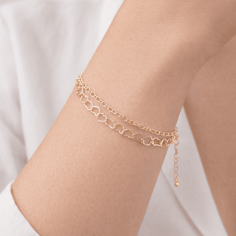 Pulseira Dupla Coração e Elo Português Banhada a Ouro 18K